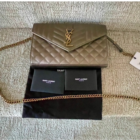 Saint Laurent Envelope Triquilt YSL Wallet on Chain Metallic Taupe BRAND NEW - Picture 4 of 11